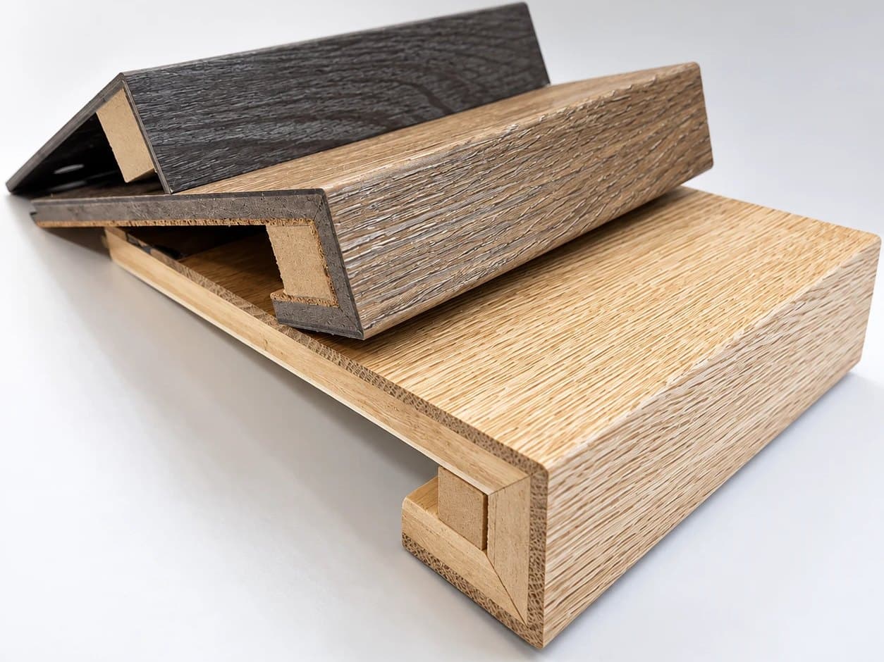 Square stair nosings in three finishes, showing how each one wraps over the front edge of a step