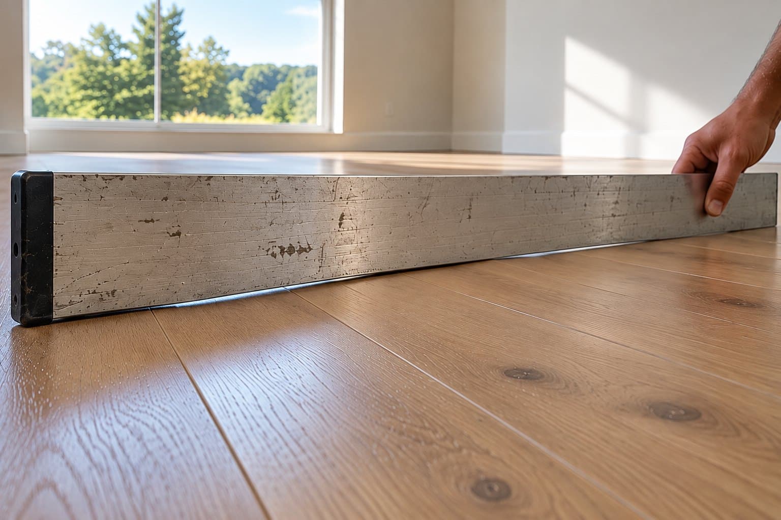 A long straightedge laid across a wood-look floor to check that it's flat