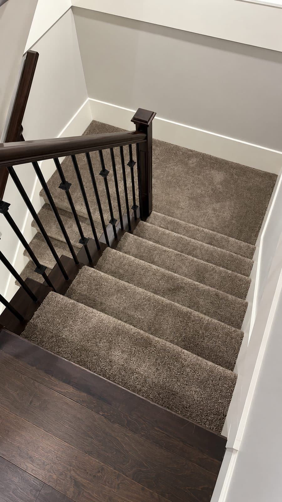 Carpeted staircase with a dark handrail