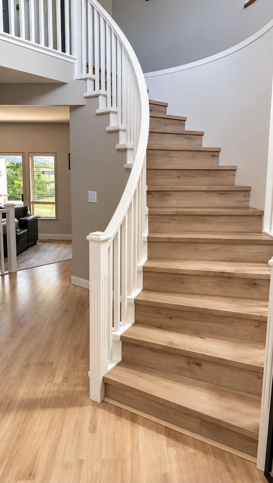 Curved staircase with light wood treads and white spindles