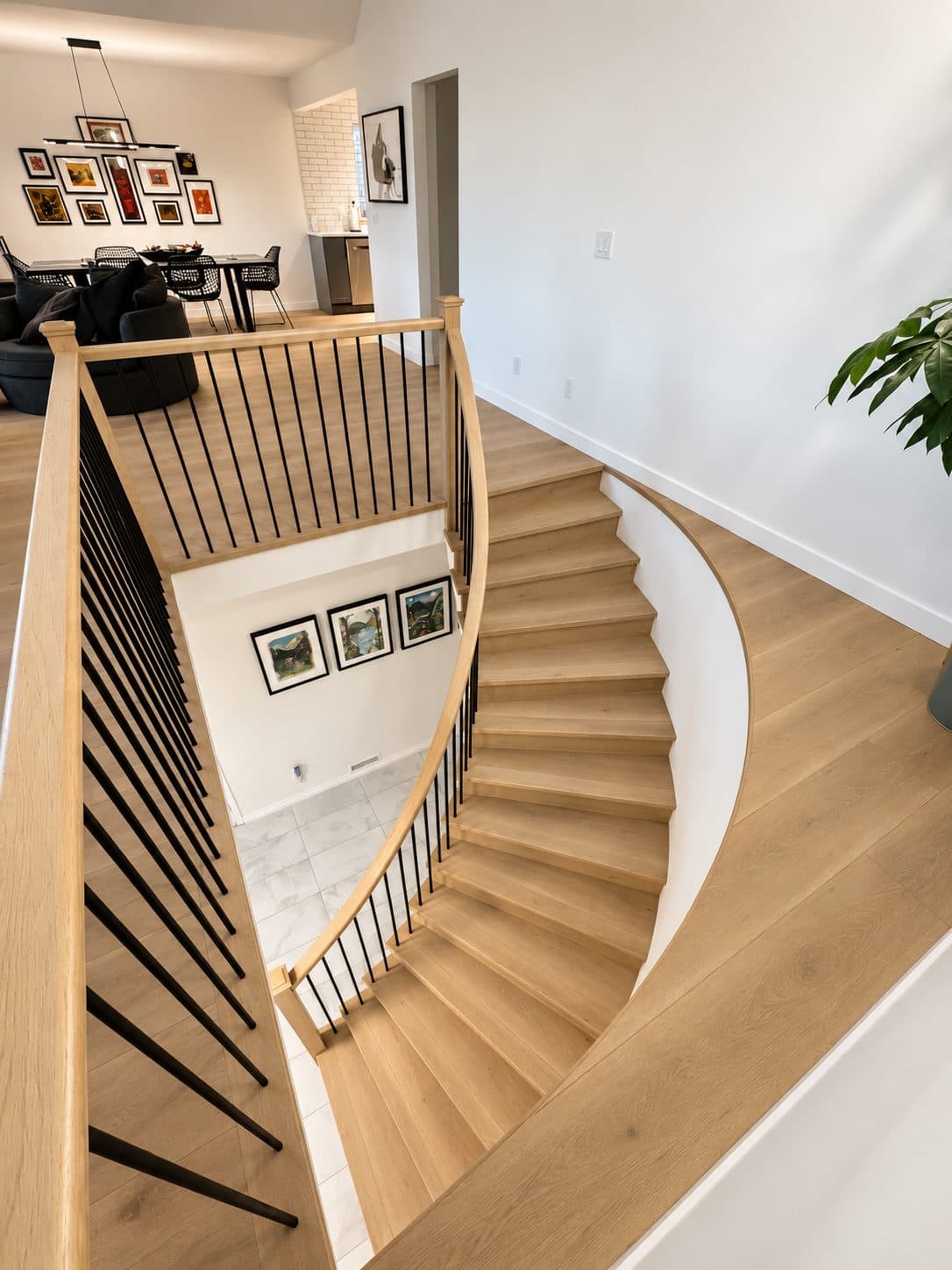 Spiral staircase seen from the upper landing