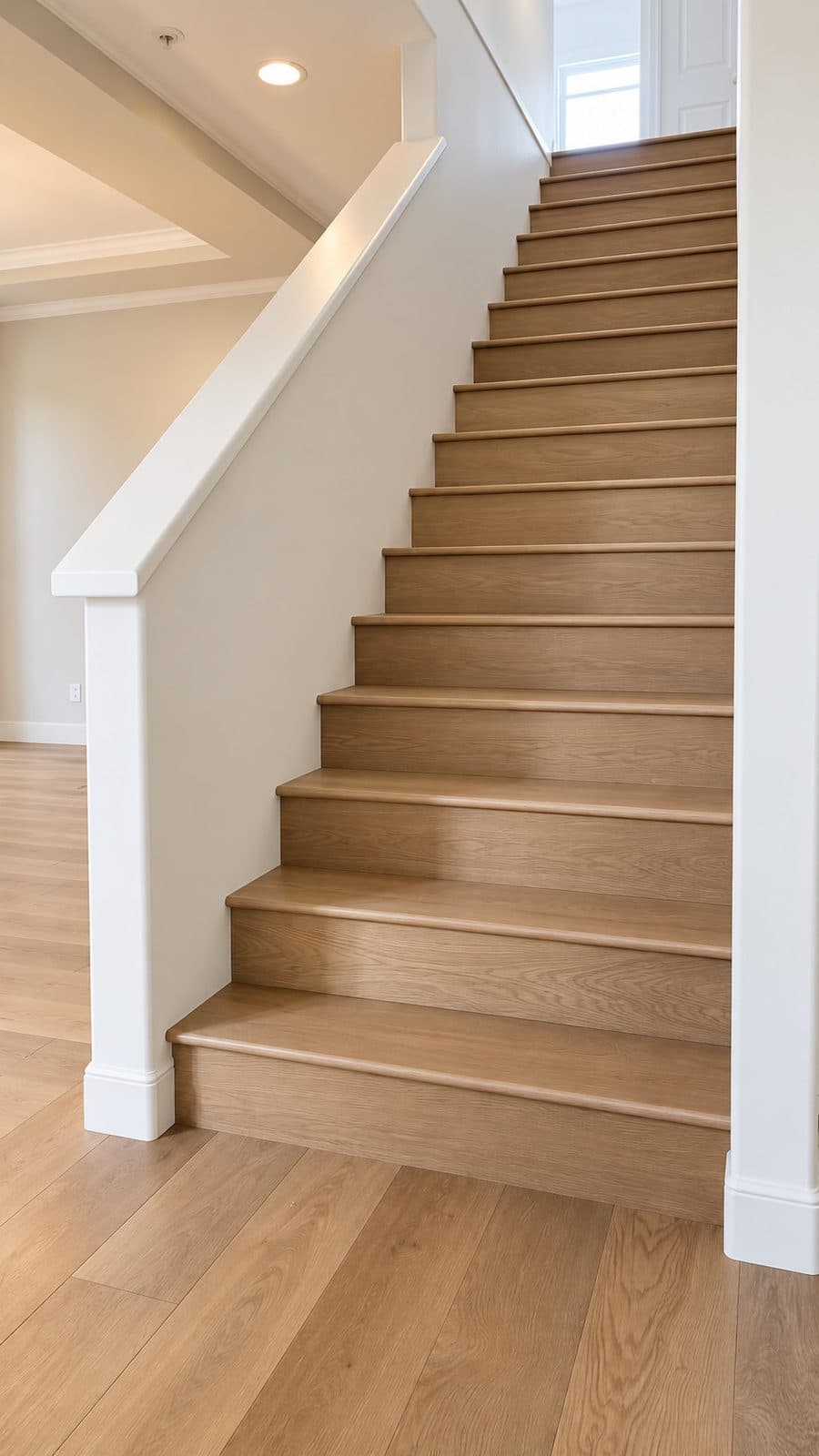 Wood staircase with white trim