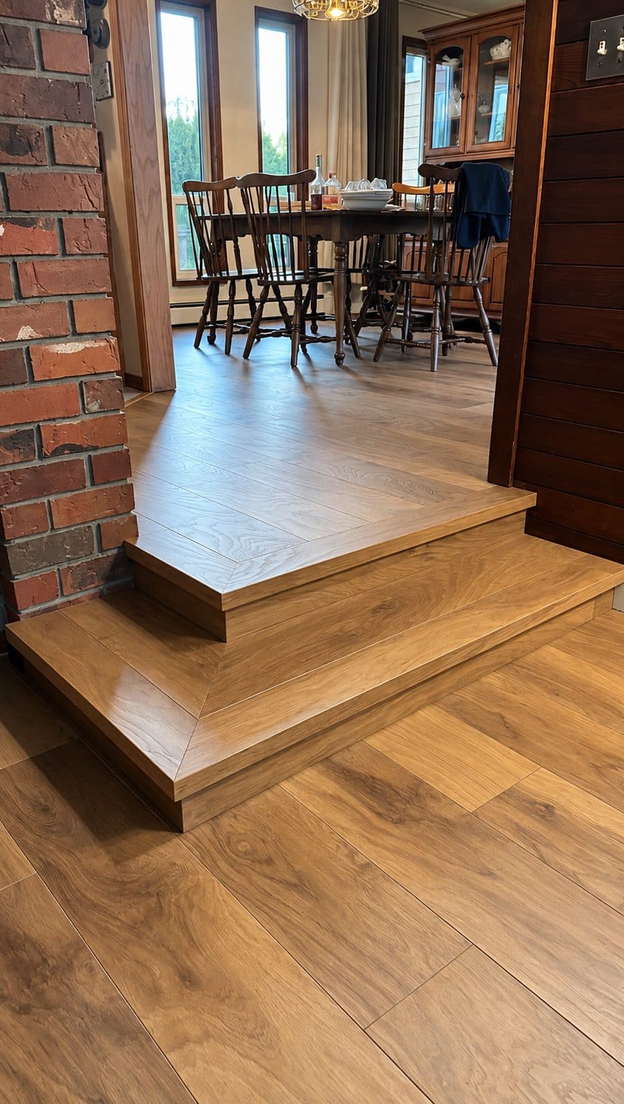 Warm wood floor and step beside a brick wall